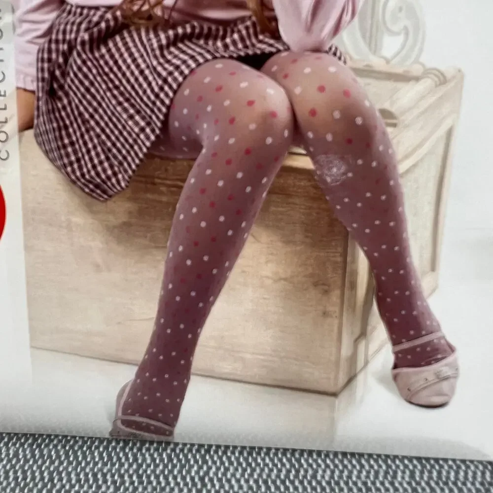 CONTE CANDY Thick Elastic‎ White Polka Dot Tights 50 DEN Girls 10y/o 4'7''-4'9''